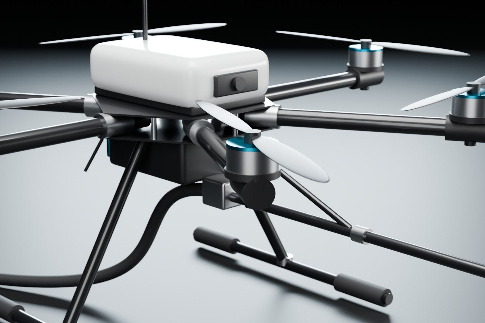 Design render close-up of the drone body, an arm and a motor