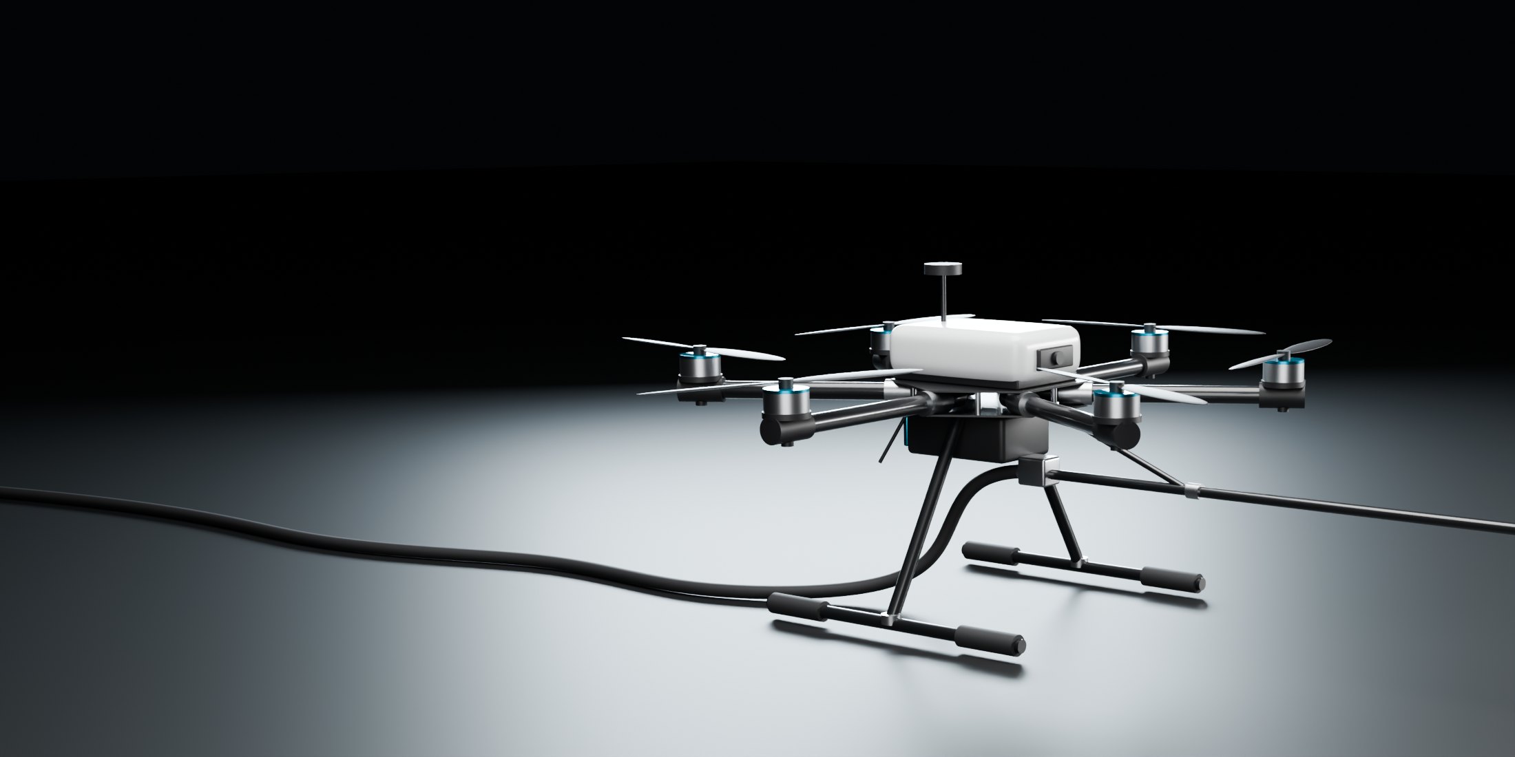 Design render of the SkyTech wash drone: a six-rotor aircraft with a white body, a spray lance out front and a hose trailing along the ground