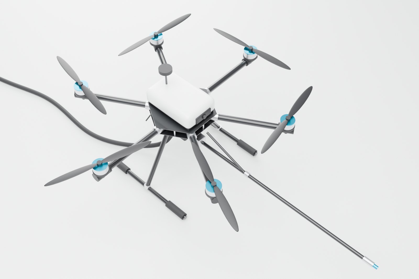Design render of the wash drone from above, showing six rotors, the lance pointing forward and the hose leaving the body