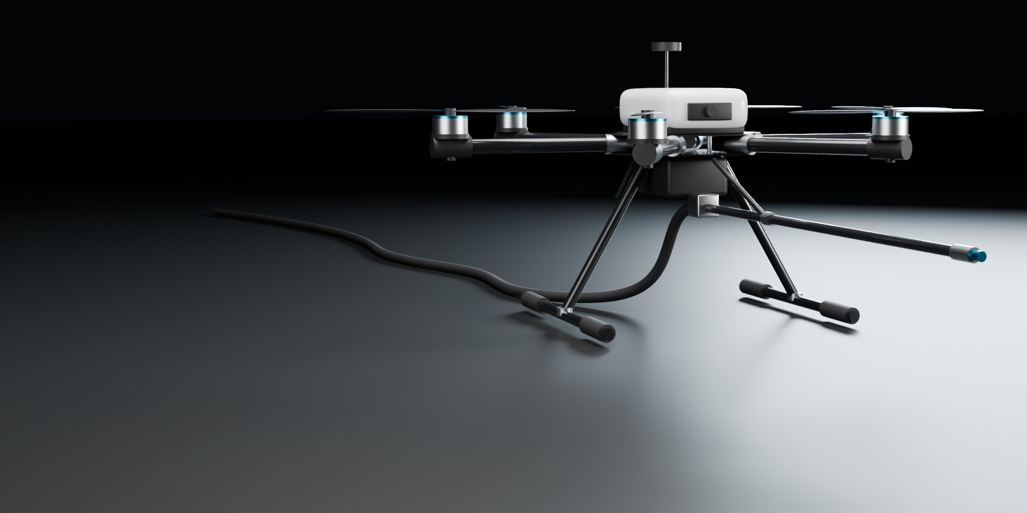 Design render of the wash drone from the front, lance extended and hose trailing behind